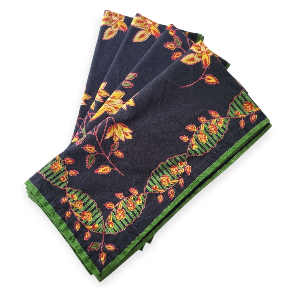 NWT Vintage Y2K APRIL CORNELL Navy Floral Square Napkins, Set Of 4